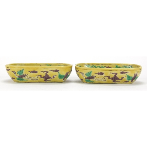 368 - Pair of Chinese porcelain yellow ground brush washers, both hand painted in the famille verte palett... 