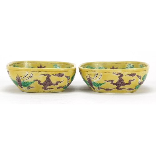 368 - Pair of Chinese porcelain yellow ground brush washers, both hand painted in the famille verte palett... 