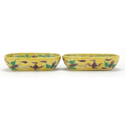 368 - Pair of Chinese porcelain yellow ground brush washers, both hand painted in the famille verte palett... 