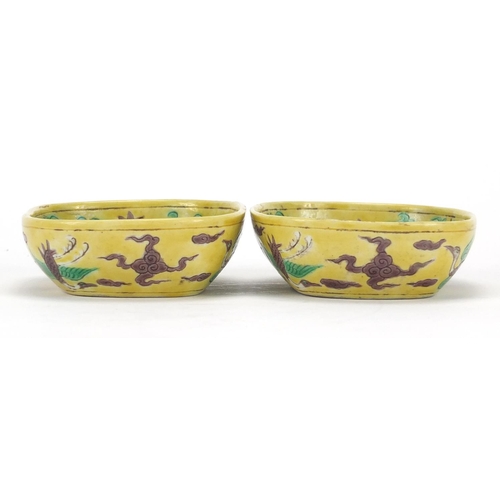 368 - Pair of Chinese porcelain yellow ground brush washers, both hand painted in the famille verte palett... 