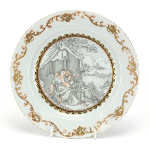 361 - Chinese porcelain plate, finely hand painted with two lovers before a landscape within a gilt foliat... 