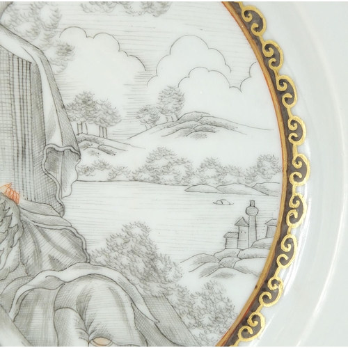 361 - Chinese porcelain plate, finely hand painted with two lovers before a landscape within a gilt foliat... 