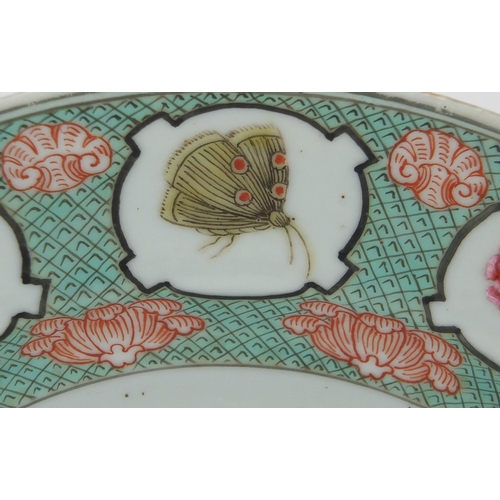 345 - Chinese porcelain plate, finely hand painted in the famille verte palette with a family by a pond wi... 