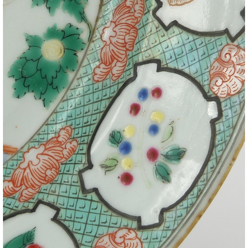 345 - Chinese porcelain plate, finely hand painted in the famille verte palette with a family by a pond wi... 