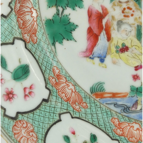 345 - Chinese porcelain plate, finely hand painted in the famille verte palette with a family by a pond wi... 