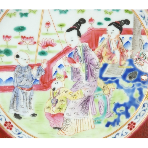 342 - Chinese porcelain plate, finely hand painted in the famille rose palette with mother and children pl... 