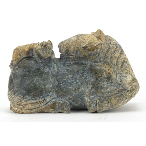 421 - Large Chinese archaic style jade carving of a recumbent horse with a new born, 17cm wide