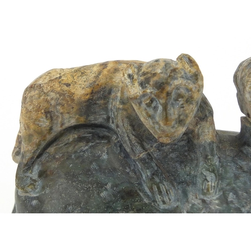 421 - Large Chinese archaic style jade carving of a recumbent horse with a new born, 17cm wide