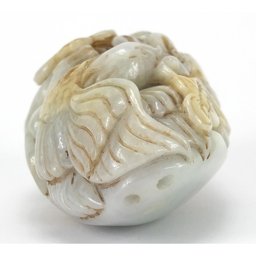 429 - Chinese white jade touch stone carved with a bird of Paradise and a bat, 8.5cm high