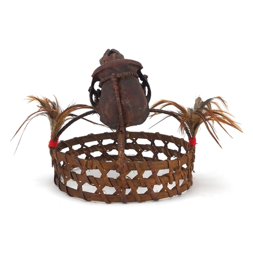 477 - Tribal interest headdress with monkey skull, possibly Burmese, 18cm high x 19cm in diameter