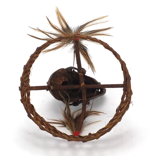 477 - Tribal interest headdress with monkey skull, possibly Burmese, 18cm high x 19cm in diameter