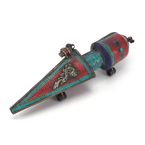 474 - Tibetan thunderbolt case inlaid with turquoise and coral, 25cm in length