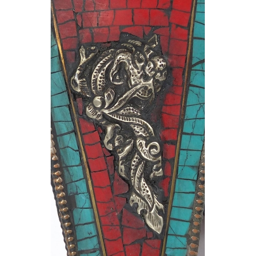 474 - Tibetan thunderbolt case inlaid with turquoise and coral, 25cm in length