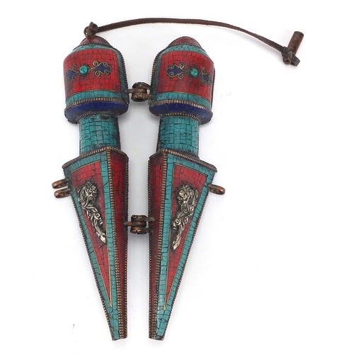 474 - Tibetan thunderbolt case inlaid with turquoise and coral, 25cm in length