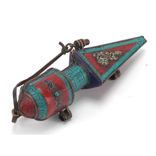 474 - Tibetan thunderbolt case inlaid with turquoise and coral, 25cm in length