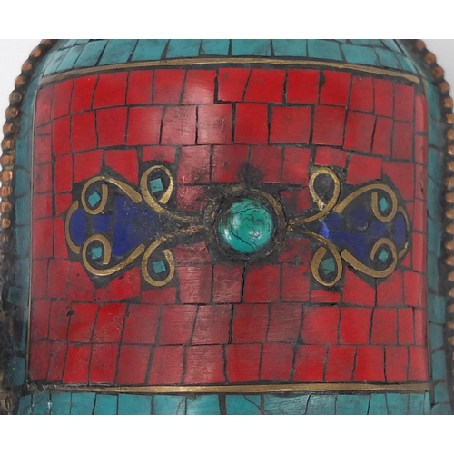 474 - Tibetan thunderbolt case inlaid with turquoise and coral, 25cm in length