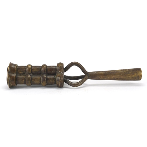 399 - Chinese bronze triple hand cannon with impressed character marks, 42.5cm in length