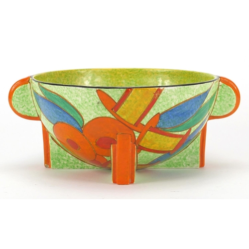 555 - Clarice Cliff Bizarre Bobbins three footed bowl with twin handles, hand painted onto a green cafe-au... 