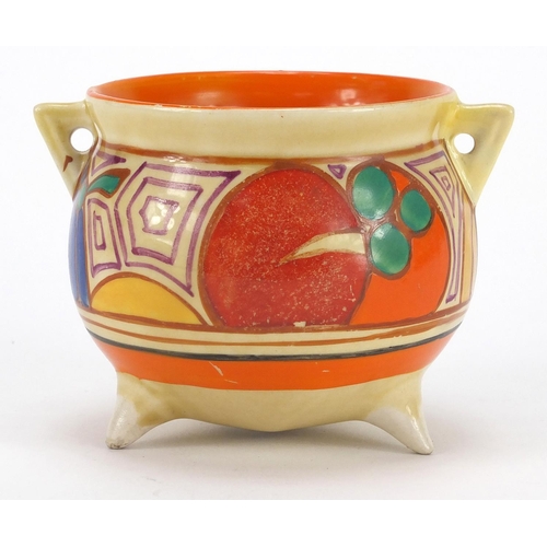 556 - Clarice Cliff Fantasque miniature Melon cauldron with twin handles, hand painted with fruit, factory... 