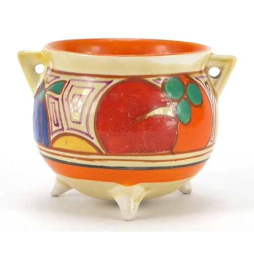 556 - Clarice Cliff Fantasque miniature Melon cauldron with twin handles, hand painted with fruit, factory... 