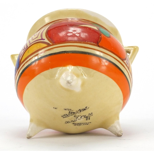 556 - Clarice Cliff Fantasque miniature Melon cauldron with twin handles, hand painted with fruit, factory... 