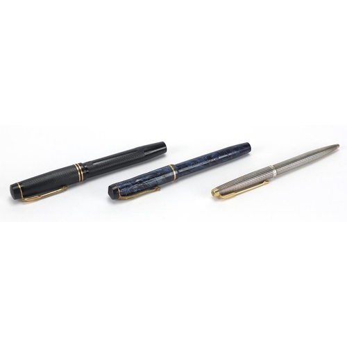71 - Parker sterling silver ballpoint pen together with two fountain pens with gold nibs, blue marbleised... 