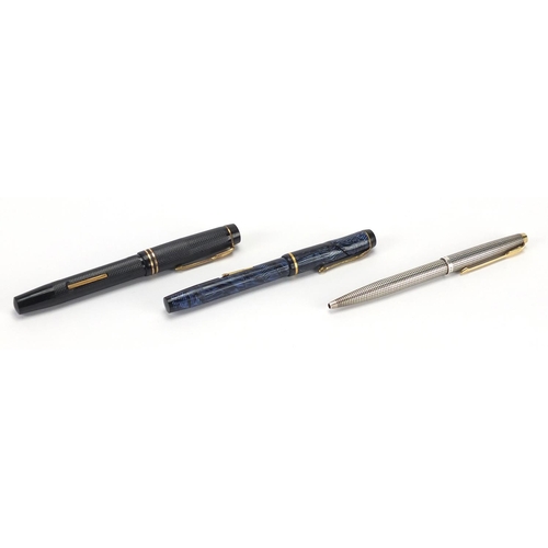 71 - Parker sterling silver ballpoint pen together with two fountain pens with gold nibs, blue marbleised... 