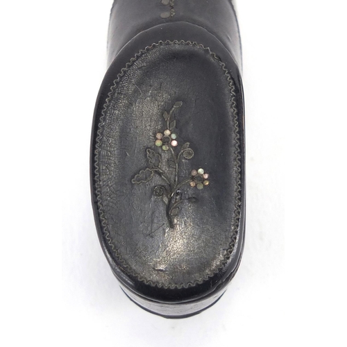 21 - Victorian Papier-mâché snuff box in the form of a shoe, with metal and Mother of Pearl inlay, togeth... 