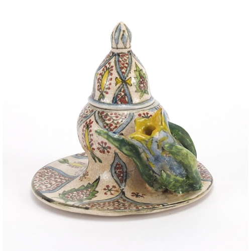 488 - Turkish Kutahya pottery inkwell hand painted with foliate motifs, 11.5cm high