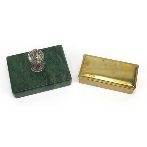 50 - Writing objects comprising a silver handled green marble paperweight, brass stamp case and brass let... 