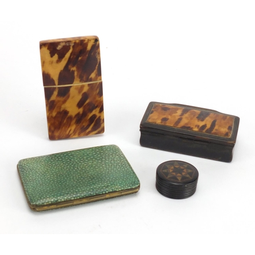 22 - Antique objects comprising a blonde tortoiseshell card case, tortoiseshell and horn snuff box, shagr... 