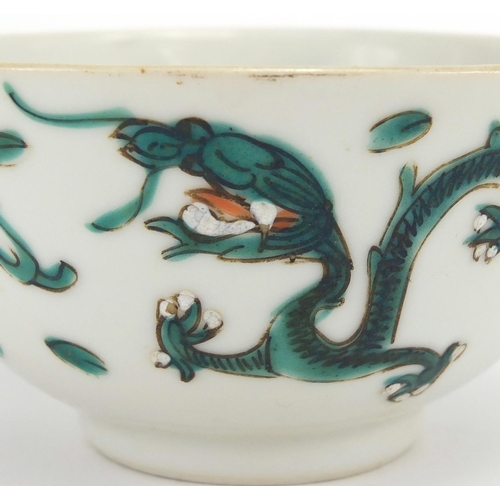 348 - Pair of Chinese porcelain bowls, both hand painted in the famille verte palette with dragons amongst... 