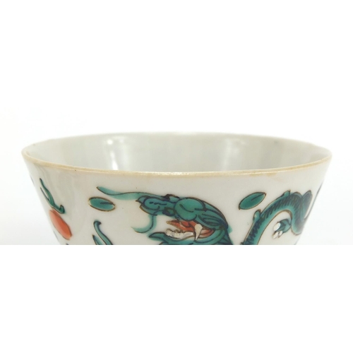 348 - Pair of Chinese porcelain bowls, both hand painted in the famille verte palette with dragons amongst... 