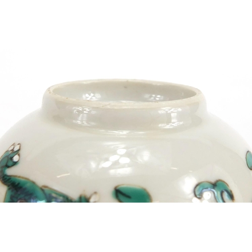 348 - Pair of Chinese porcelain bowls, both hand painted in the famille verte palette with dragons amongst... 