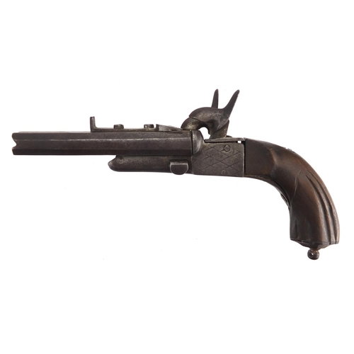 302 - 19th century French double barrel pocket pistol with wooden grip, 22cm in length