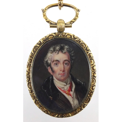 25 - 19th century oval hand painted portrait miniature of the Duke of Wellington, housed in a gilt metal ... 