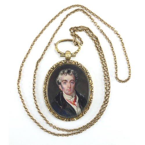 25 - 19th century oval hand painted portrait miniature of the Duke of Wellington, housed in a gilt metal ... 