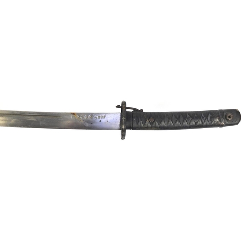 297 - Japanese Military interest Samurai sword and scabbard, character marks to the blade, 94cm in length