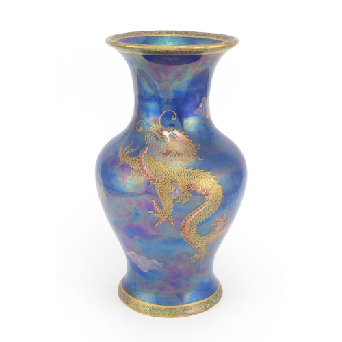 572 - Maling purple lustre baluster vase, hand painted and gilded with two dragons amongst clouds, factory... 