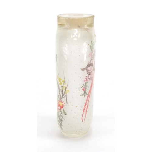 434 - Chinese white jade bangle together with a glass scent bottle, the interior hand painted with birds o... 