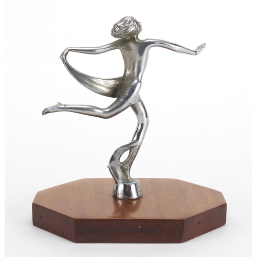 599 - Art Deco silvered bronze car mascot of an Art Deco female, stamped Lorenzl, on wooden base, 18cm hig... 