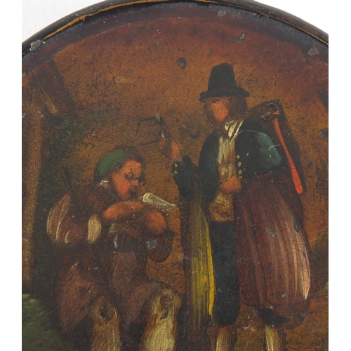 17 - 19th century papier-mâché snuff box, hand painted with two figures, 9cm in diameter