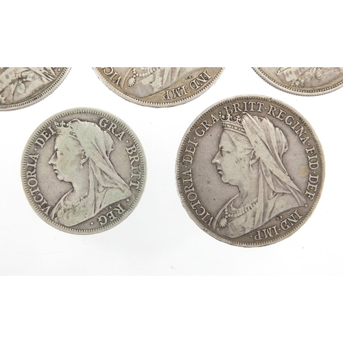 212 - Five Victorian silver coins comprising three crowns, 1891, 1899 and 1899, 1888 double florin and 199... 