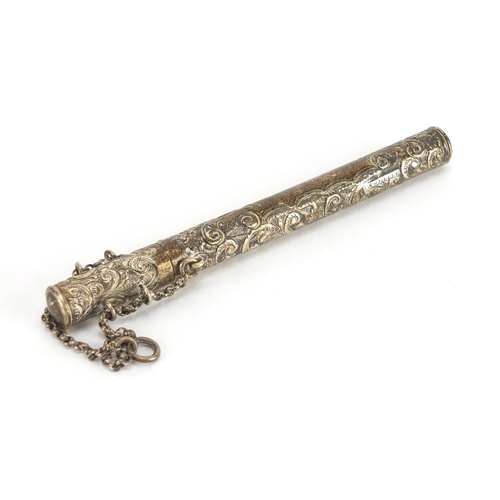 661 - Silver chatelaine pencil case, embossed with flowers, E.D Birmingham 1906, 14.5cm in length excludin... 