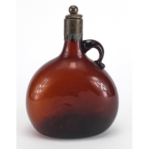 547 - Victorian brown glass bottle with silver collar and stopper, E.B Birmingham 1870, 20cm high