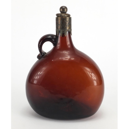 547 - Victorian brown glass bottle with silver collar and stopper, E.B Birmingham 1870, 20cm high