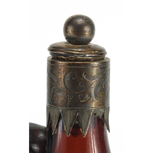 547 - Victorian brown glass bottle with silver collar and stopper, E.B Birmingham 1870, 20cm high