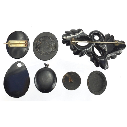 758 - Victorian jet jewellery including a Mizpah locket and a acorn brooch, the largest 10.5cm in length