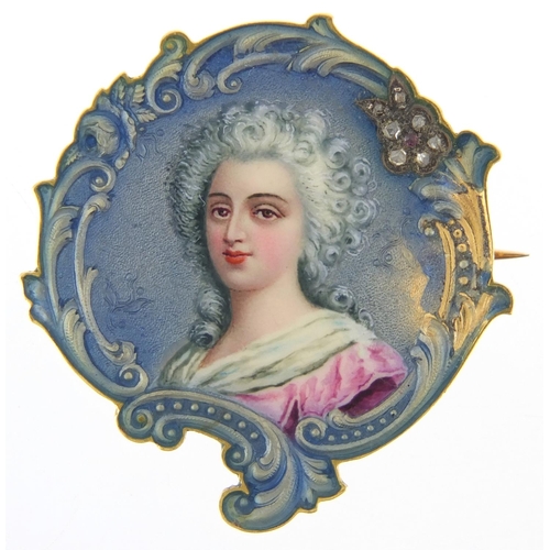 701 - Unmarked gold and enamel portrait brooch set with diamonds and a ruby, numbered 796 to the reverse, ... 