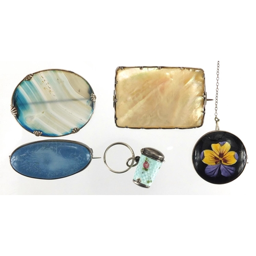 760 - Vintage silver mounted jewellery including a Ruskin brooch, agate brooch and a silver and enamel pil... 